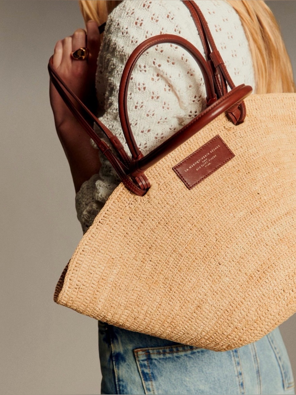 Woven Justine Raffia Straw Tote Bag with Brown Leather Trim